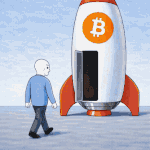 Cartoon man approaching a Bitcoin rocket symbolizing crypto volatility and potential market crash
