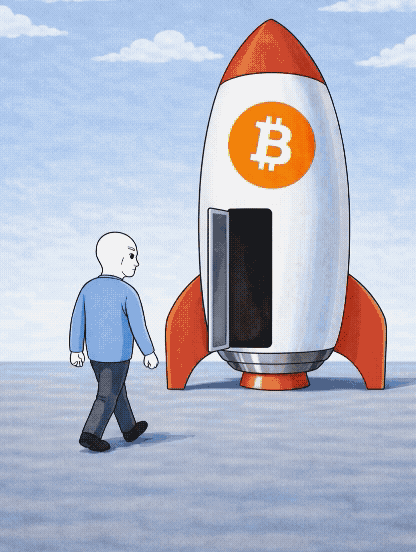 Cartoon man approaching a Bitcoin rocket symbolizing crypto volatility and potential market crash