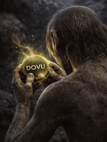 DOVU crypto meme featuring a character holding a glowing DOVU coin and saying my precious inspired by classic movie scene
