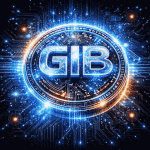 Animated GIB coin on Hedera with raised metallic lettering, electric blue plasma energy, and glowing circuit background