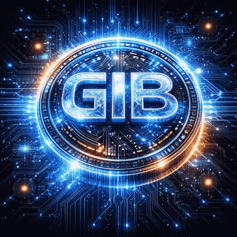 Animated GIB coin on Hedera with raised metallic lettering, electric blue plasma energy, and glowing circuit background
