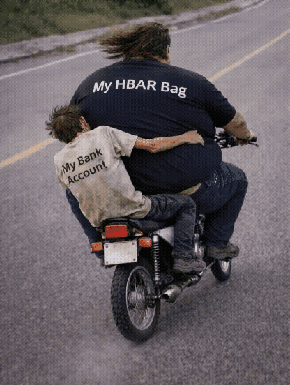 Hedera HBAR bag vs bank account crypto meme showing overweight rider and struggling passenger