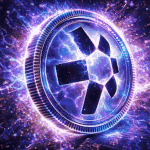 Animated Quant QNT crypto coin with glowing electric blue and violet energy effects and futuristic digital background