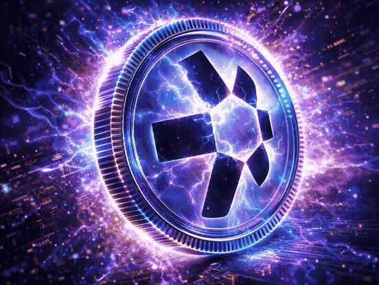 Animated Quant QNT crypto coin with glowing electric blue and violet energy effects and futuristic digital background
