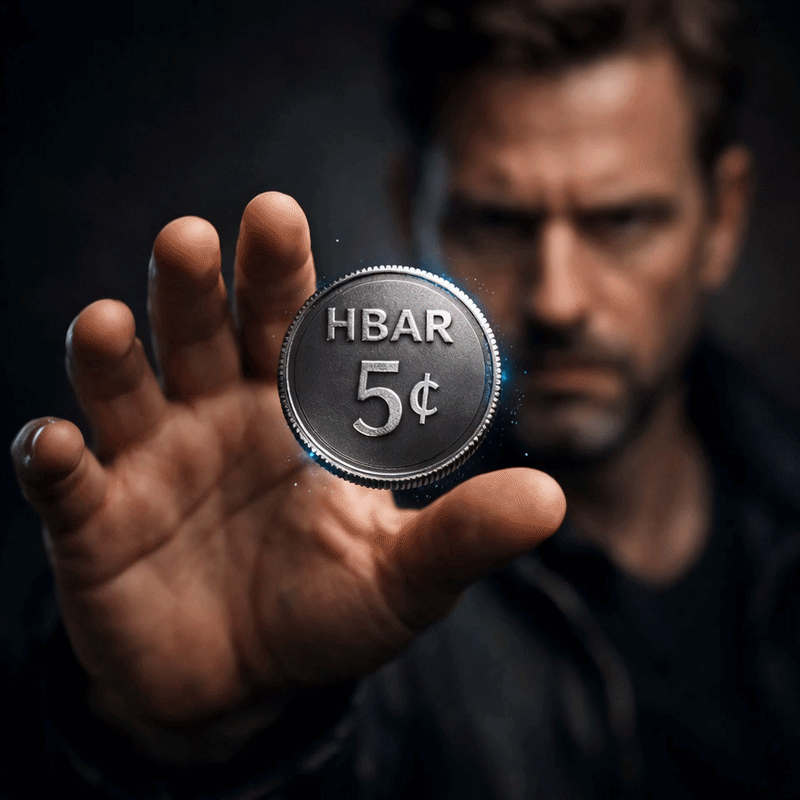 Funny Hedera HBAR 5 cent meme showing a man trying to grab a glowing HBAR 5¢ coin before it disappears