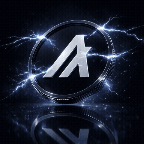 Algorand (ALGO) 3D coin animation with electric lightning energy effects, metallic design, and cinematic lighting on a reflective surface.
