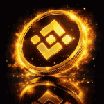Binance Coin (BNB) 3D coin with gold glow, black face, and fiery energy effects on a reflective surface GIF
