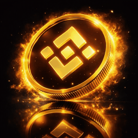 Binance Coin (BNB) 3D coin with gold glow, black face, and fiery energy effects on a reflective surface GIF