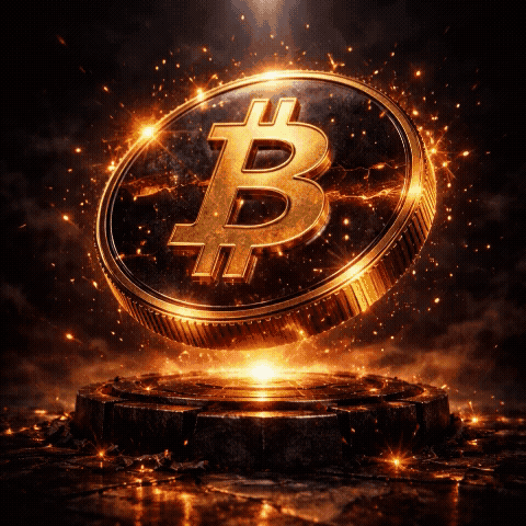 Bitcoin (BTC) 3D coin with gold glow, black face, and fiery energy sparks hovering above a reflective surface