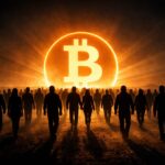 Bitcoin (BTC) song music video thumbnail with glowing Bitcoin symbol and silhouetted figures in dark land.