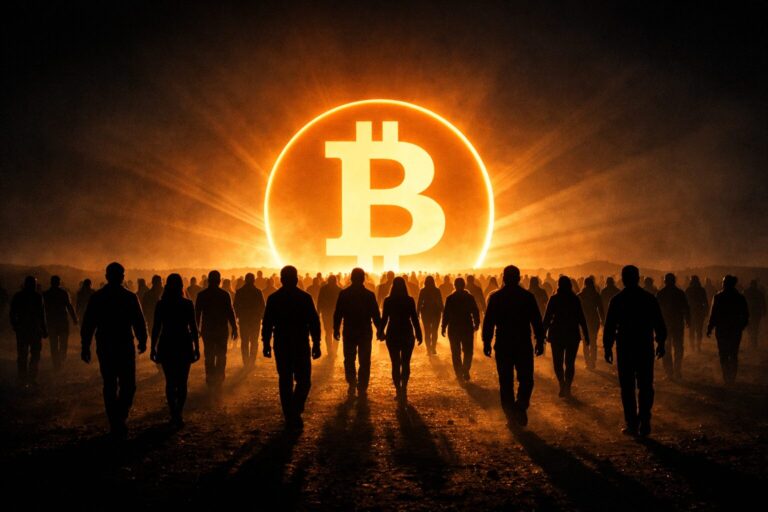 Bitcoin (BTC) song music video thumbnail with glowing Bitcoin symbol and silhouetted figures in dark land.
