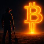 Cinematic glowing Bitcoin (BTC) symbol in a dark field with a silhouetted man, representing the Bitcoin song official music video