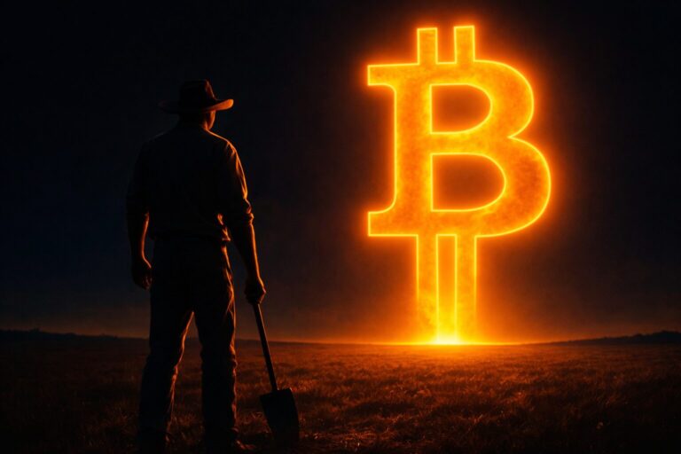Cinematic glowing Bitcoin (BTC) symbol in a dark field with a silhouetted man, representing the Bitcoin song official music video
