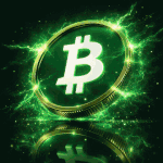Bitcoin Cash (BTCH) 3D coin with green glow, white symbol, and lightning energy effects on a reflective surface