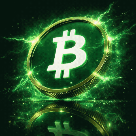 Bitcoin Cash (BTCH) 3D coin with green glow, white symbol, and lightning energy effects on a reflective surface