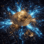 Gold Bitcoin coin powering a futuristic motherboard with glowing electric circuits