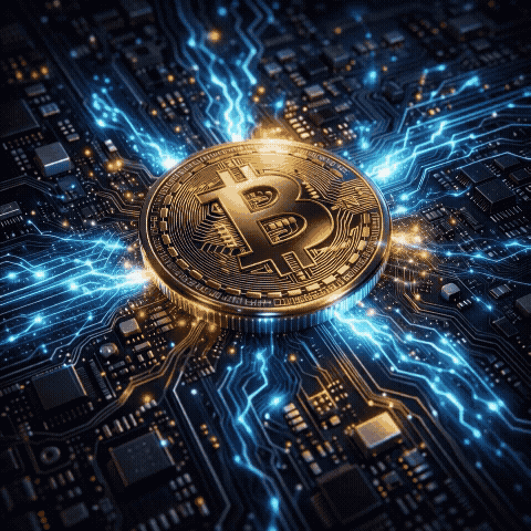 Gold Bitcoin coin powering a futuristic motherboard with glowing electric circuits