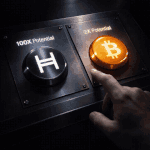 Hyper realistic crypto decision meme showing black HBAR button labeled 100X Potential and orange Bitcoin button labeled 2X Potential with hand choosing between them