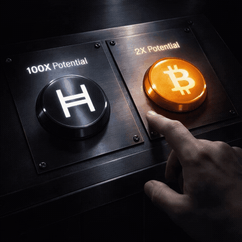 Hyper realistic crypto decision meme showing black HBAR button labeled 100X Potential and orange Bitcoin button labeled 2X Potential with hand choosing between them