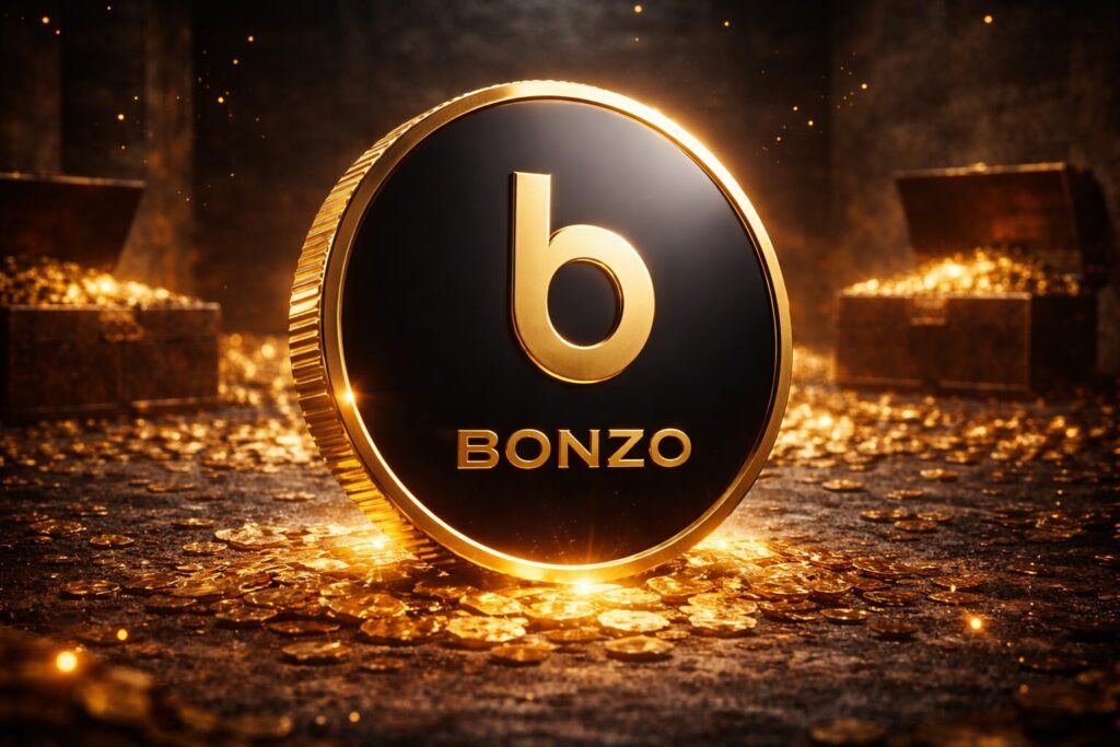 Bonzo Finance BONZO cryptocurrency coin with polished black face and gold reeded edge glowing in a treasure chamber filled with gold coins, cinematic high-end 3D render