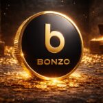 Bonzo Finance BONZO cryptocurrency coin with polished black face and gold reeded edge glowing in a treasure chamber filled with gold coins, cinematic high-end 3D render