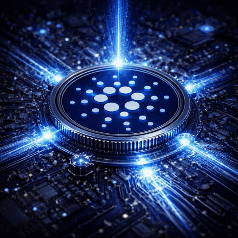 Cardano ADA crypto coin glowing on futuristic motherboard with electric blue circuitry and digital blockchain energy.