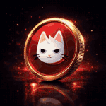 Cat in a Dog’s World MEW meme coin with glossy red surface, gold reeded edge, and glowing particle energy in a cinematic 3D animation