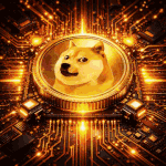 DOGE meme coin animation showing a glowing Dogecoin embedded in a futuristic circuit board with bright digital energy flowing through the circuitry.