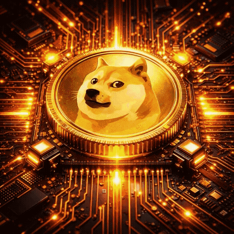 DOGE meme coin animation showing a glowing Dogecoin embedded in a futuristic circuit board with bright digital energy flowing through the circuitry.