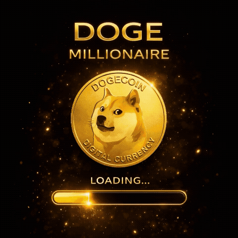 Dogecoin DOGE millionaire loading meme with glowing gold Dogecoin coin, sparkling particles, and illuminated loading bar on a dark background