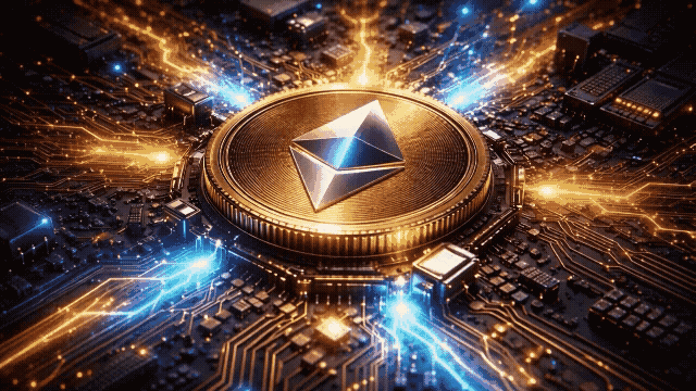 Ethereum ETH coin logo glowing on a futuristic blockchain circuit network representing decentralized technology infrastructure