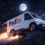 FedEx HBAR meme truck flying through space with rocket flames and full moon background