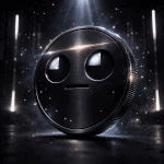 3D black metallic GIB meme coin logo render with recessed eyes in futuristic dark tech chamber