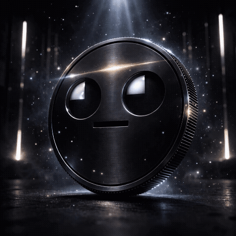3D black metallic GIB meme coin logo render with recessed eyes in futuristic dark tech chamber