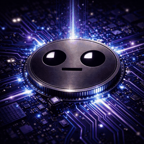 GIB (GIB) meme coin futuristic chip animation with glowing eyes on a digital motherboard and flowing blockchain energy
