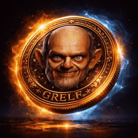 Grelf (GRELF) meme coin animation featuring a detailed character face on a gold coin surrounded by fire and ice energy effects in a cinematic 3D render.
