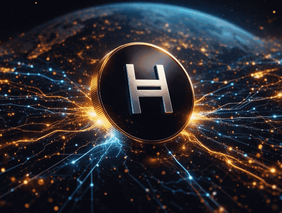 3D Hedera HBAR coin centered with glowing blue and gold energy streams across a global network Earth background, cinematic crypto animation
