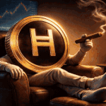 Hedera HBAR coin character relaxing in a chair smoking a cigar with stock market chart in the background, symbolizing confident long-term Hedera investors during market fluctuations