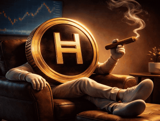 Hedera HBAR coin character relaxing in a chair smoking a cigar with stock market chart in the background, symbolizing confident long-term Hedera investors during market fluctuations
