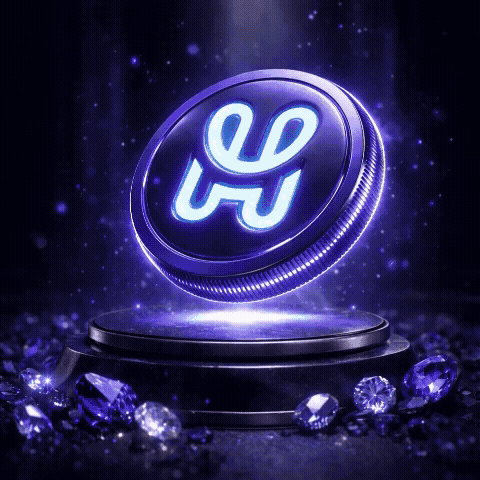HashPack PACK token glowing electric blue symbol hovering above pedestal, highlighting Kraken listing and hidden gem potential within the Hedera ecosystem.
