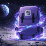 HashPack PACK wallet backpack on the Moon with glowing cosmic energy representing the Hedera ecosystem wallet.