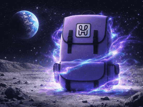 HashPack PACK wallet backpack on the Moon with glowing cosmic energy representing the Hedera ecosystem wallet.