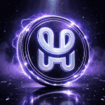 HashPack wallet coin with purple electricity circling reeded edge in futuristic chamber