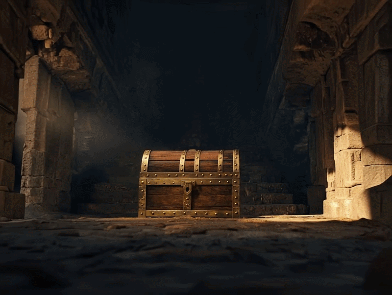 Cinematic treasure chest in a dark ancient chamber representing hidden value of HashPack PACK token and Hedera crypto ecosystem infrastructure
