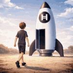 Hedera HBAR rocket meme showing futuristic crypto rocket with HBAR symbol as a person walks toward the launch vehicle.
