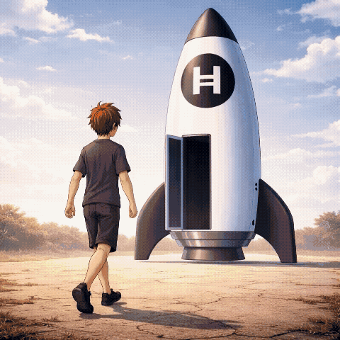 Hedera HBAR rocket meme showing futuristic crypto rocket with HBAR symbol as a person walks toward the launch vehicle.