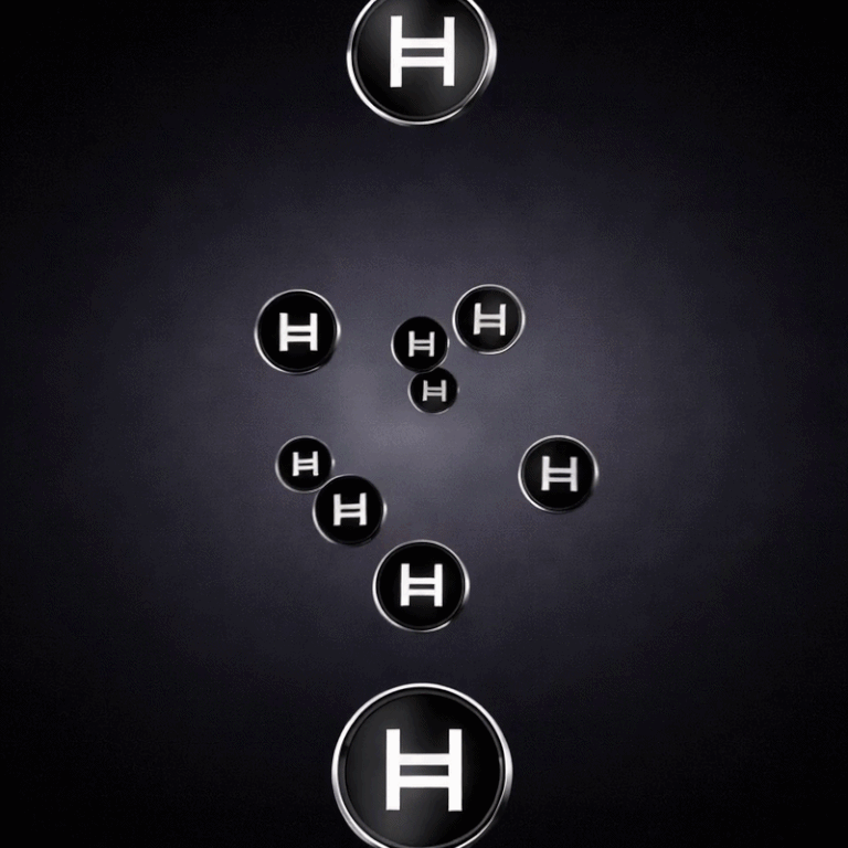 Hedera HBAR floating coin loop animation with multiple metallic coins rotating in a seamless infinite loop, featuring glowing reflections and cinematic lighting effects.