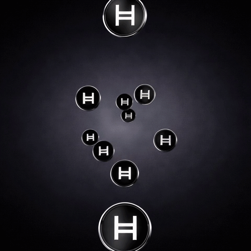 Hedera HBAR floating coin loop animation with multiple metallic coins rotating in a seamless infinite loop, featuring glowing reflections and cinematic lighting effects.