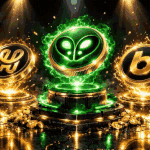 Animated 3D render of Hedera tokens SAUCE BONZO and PACK displayed as glowing metallic coins on illuminated podiums with green and gold energy effects