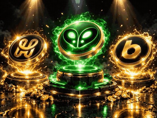 Animated 3D render of Hedera tokens SAUCE BONZO and PACK displayed as glowing metallic coins on illuminated podiums with green and gold energy effects